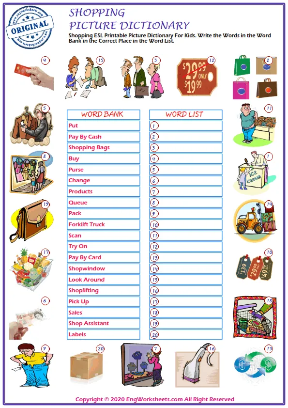 Shopping ESL Printable Picture Dictionary For Kids. Write the Words in the Word Bank in the Correct Place in the Word List. Worksheet Preview