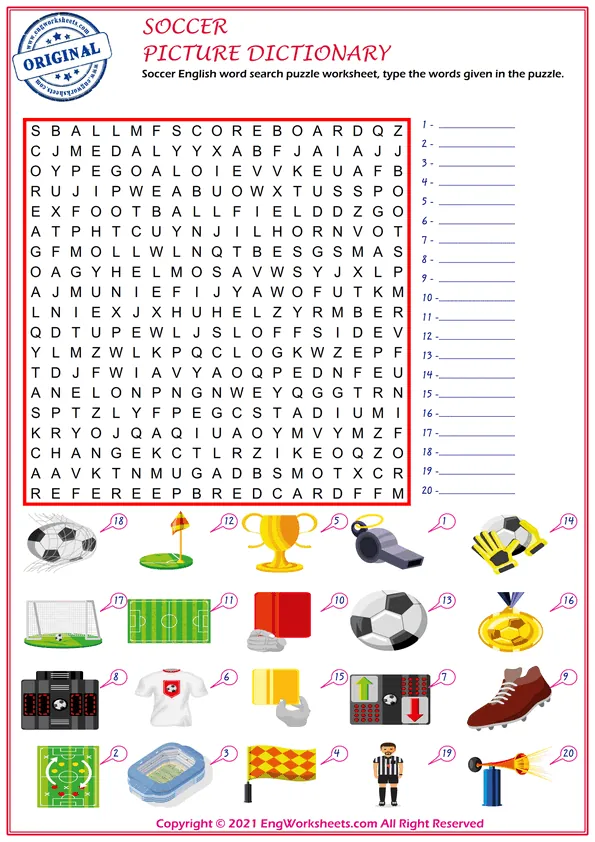 Soccer ESL Vocabulary Matching Exercise Worksheet For Kids Worksheet Preview