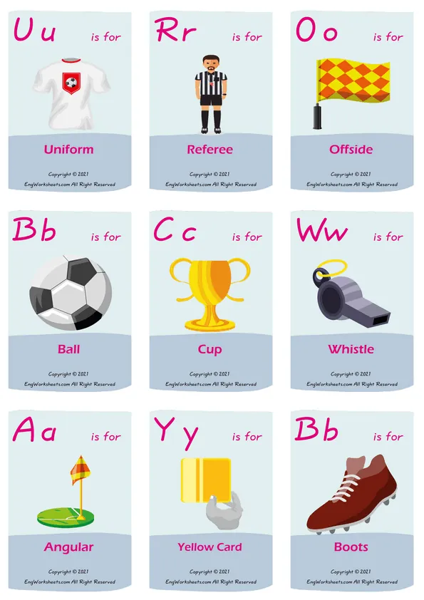Soccer vocabulary worksheet with words, nine images per page Worksheet Preview