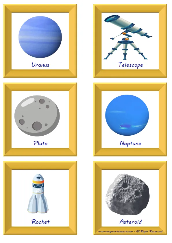 ESL Flashcard together with words containing Space picture for kids and teachers. Worksheet Preview