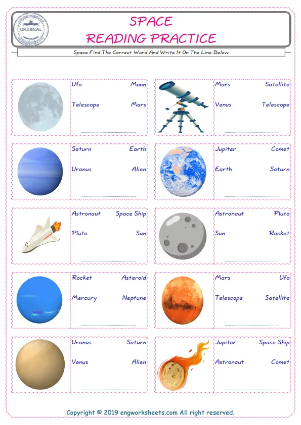 Check the picture of the Space for kids ESL worksheet for supplying the correct one among three words into the blank place. Worksheet Preview