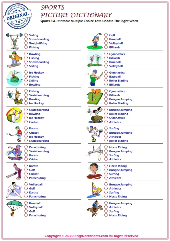 Sports ESL Printable Multiple Choice Test. Choose The Right Word. Worksheet Preview