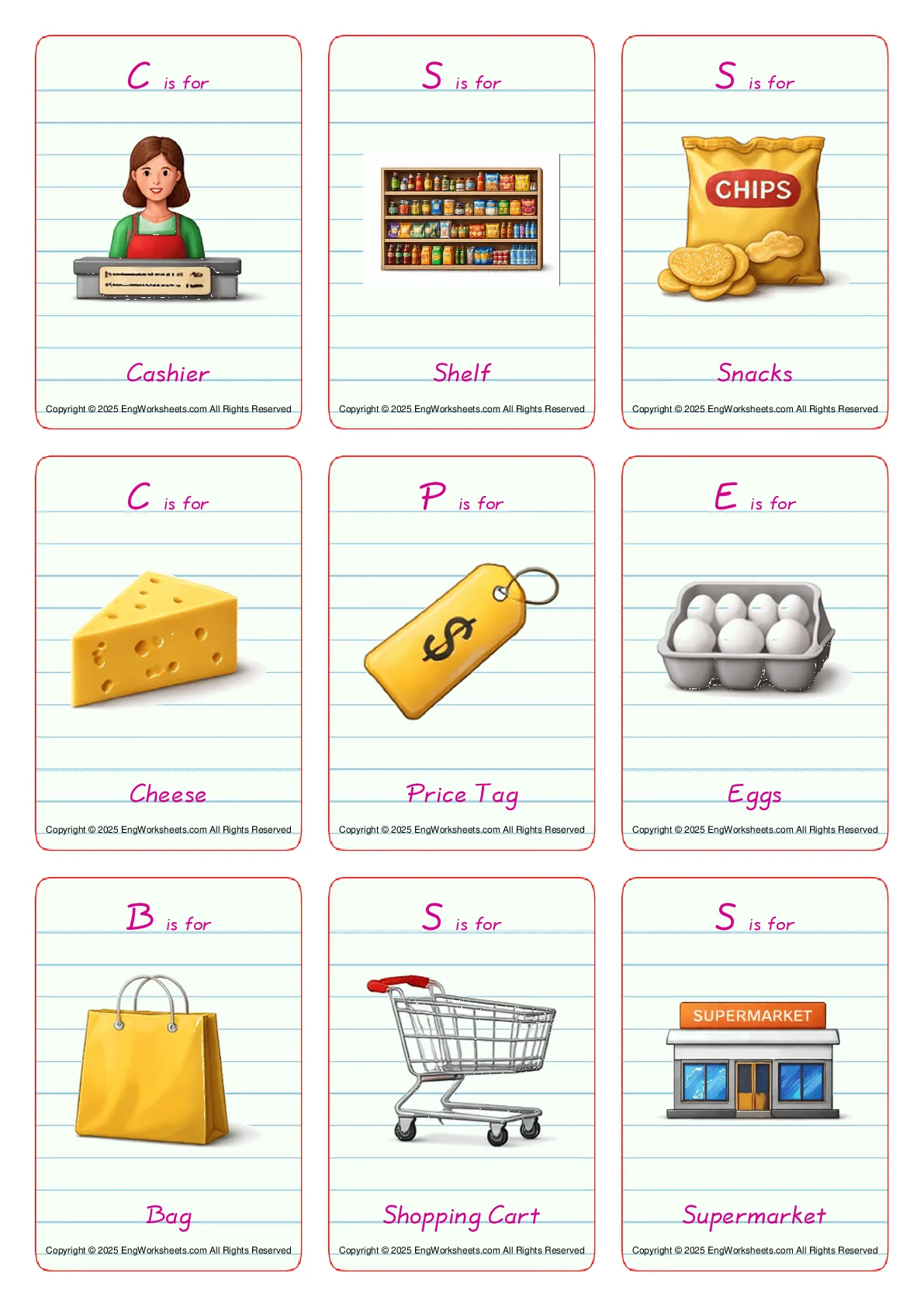 Supermarket vocabulary worksheet with words, nine images per page Worksheet Preview
