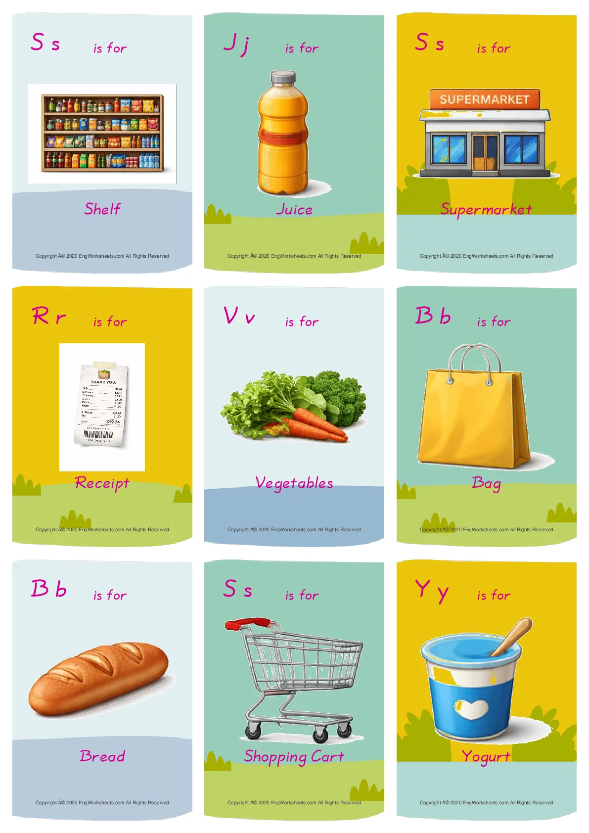Supermarket vocabulary worksheet with words, nine images per page Worksheet Preview