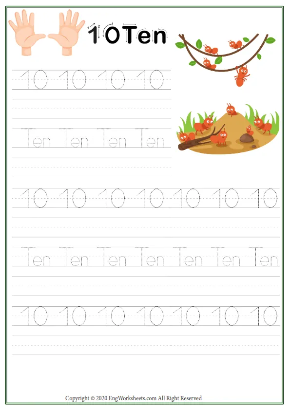 Ten 10 Number Tracing Worksheet With Animal Illustration Worksheet Preview