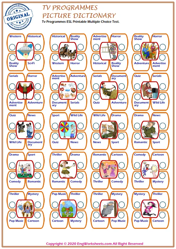 Tv Programmes ESL Printable Multiple Choice Test. Worksheet Preview