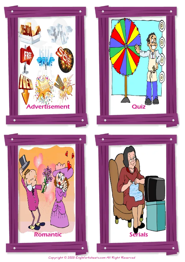 Tv Programmes vocabulary worksheet with words, four images per page Worksheet Preview