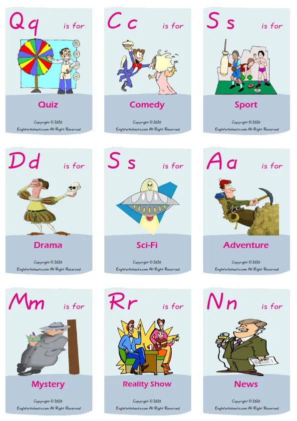 Tv Programmes vocabulary worksheet with words, nine images per page Worksheet Preview