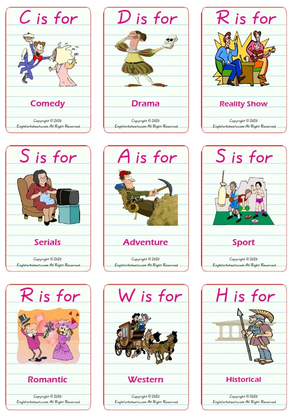 Tv Programmes vocabulary worksheet with words, nine images per page Worksheet Preview
