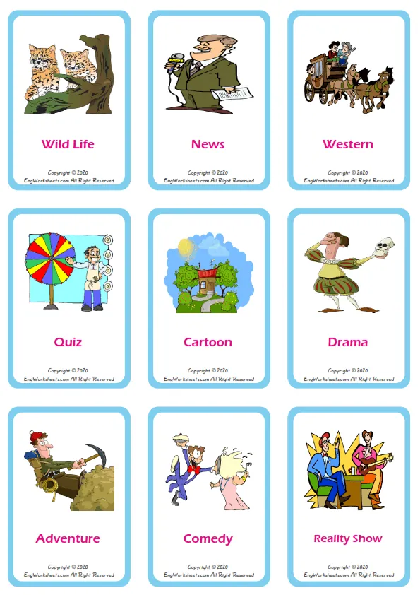 Tv Programmes vocabulary worksheet with words, nine images per page Worksheet Preview