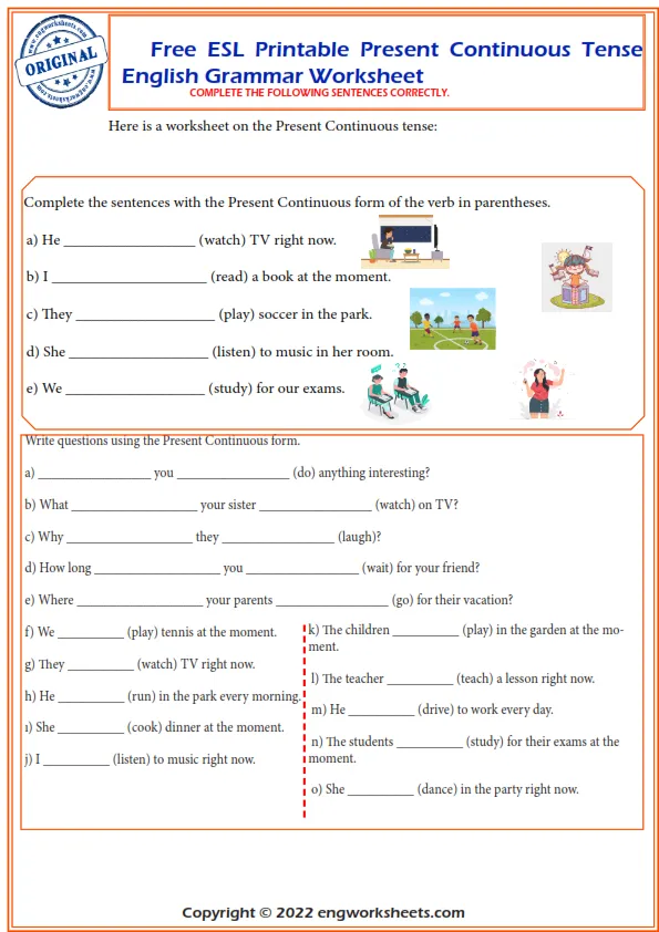 Free Esl Printable Present Continuous Tense English Grammar Worksheet Worksheet Preview