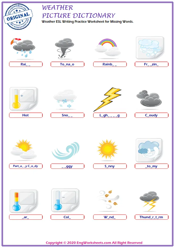 Weather ESL Writing Practice Worksheet for Missing Words. Worksheet Preview