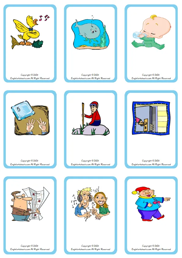 Wordless Action Verbs vocabulary worksheet with nine images per page