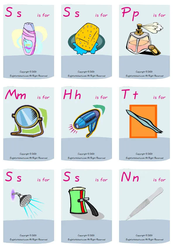Wordless Bathroom vocabulary worksheet with nine images per page Worksheet Preview