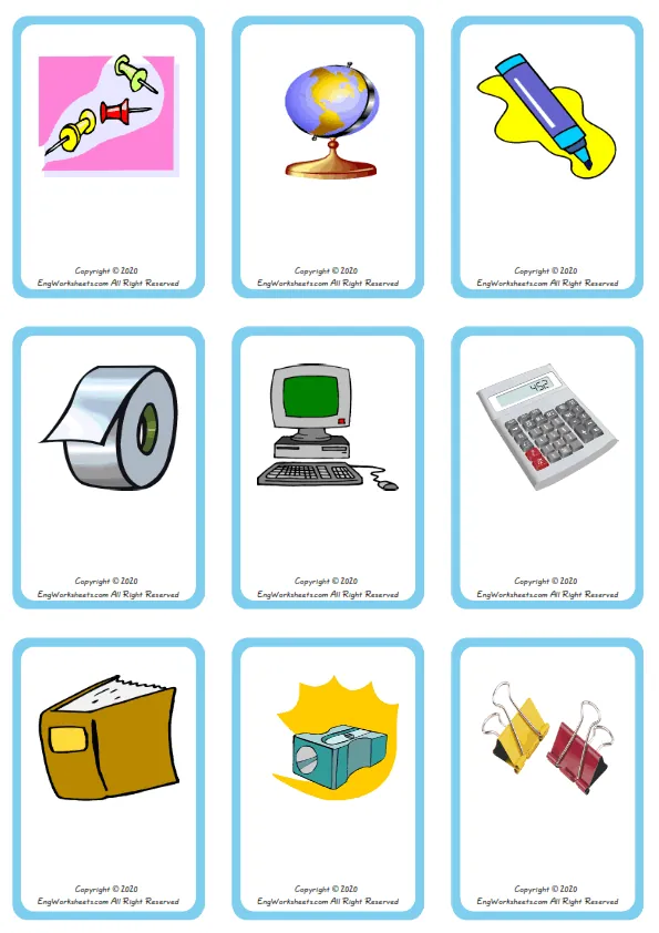 Wordless Classroom Objects vocabulary worksheet with nine images per page Worksheet Preview