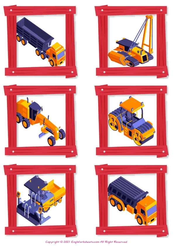 Wordless Construction Vehicles vocabulary worksheet with six images per page Worksheet Preview