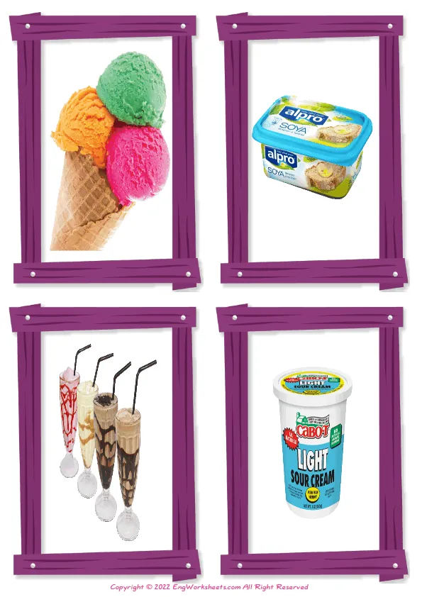 Wordless Dairy Produce vocabulary worksheet with four images per page Worksheet Preview
