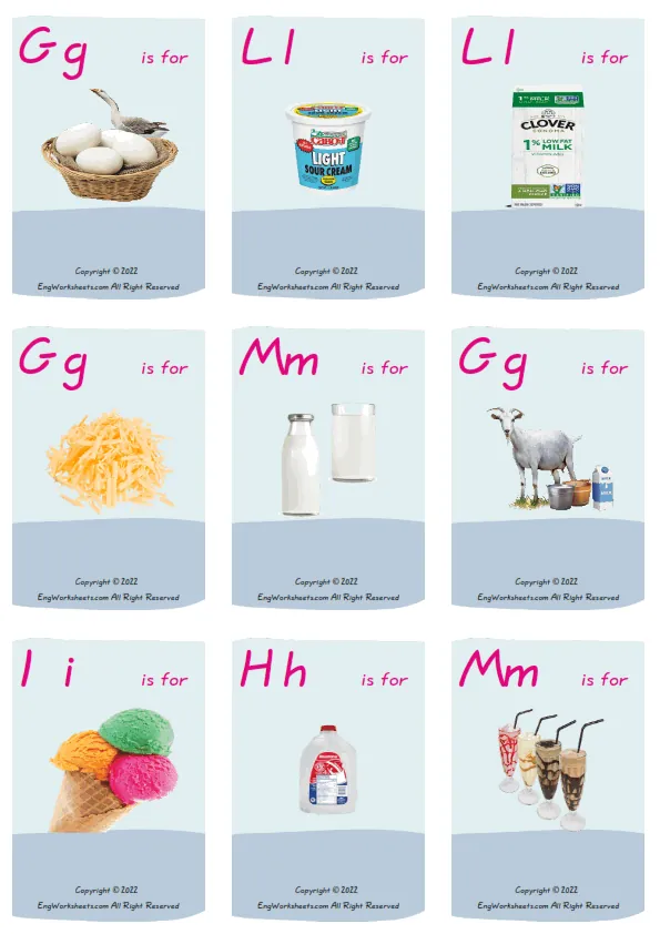 Wordless Dairy Produce vocabulary worksheet with nine images per page Worksheet Preview