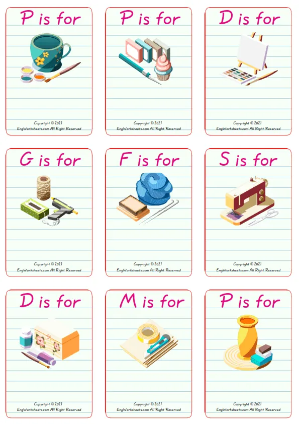 Wordless Hobby Crafts vocabulary worksheet with nine images per page Worksheet Preview