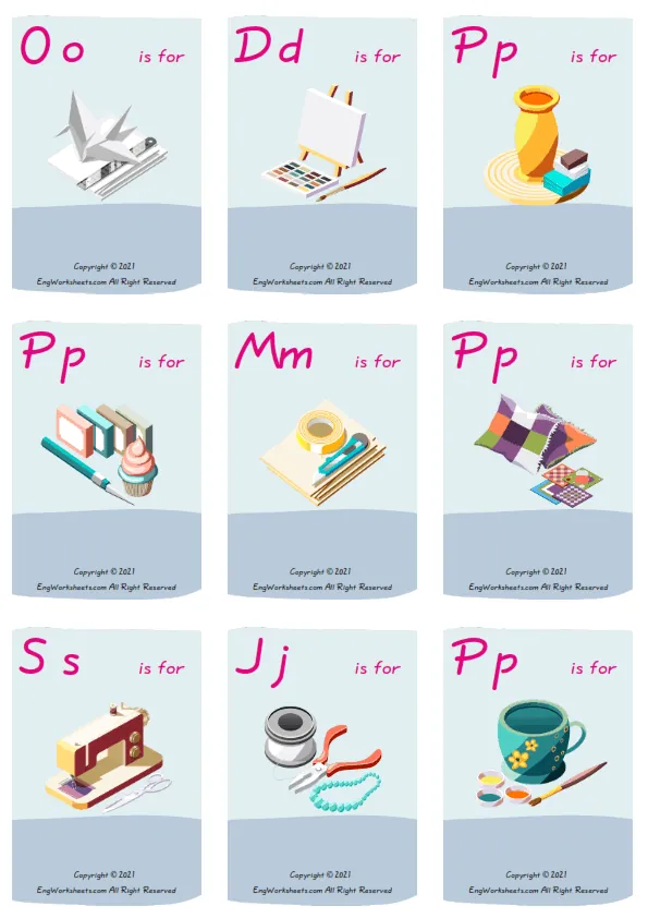Wordless Hobby Crafts vocabulary worksheet with nine images per page Worksheet Preview