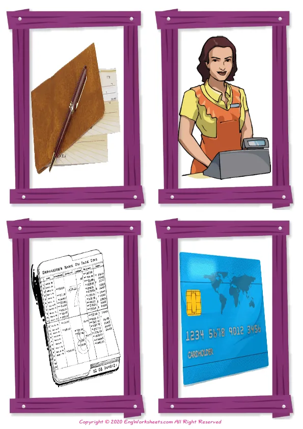 Wordless Money vocabulary worksheet with four images per page Worksheet Preview