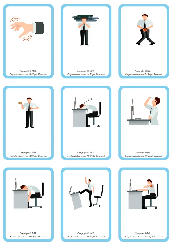 Wordless Office Syndrome vocabulary worksheet with nine images per page Worksheet Preview