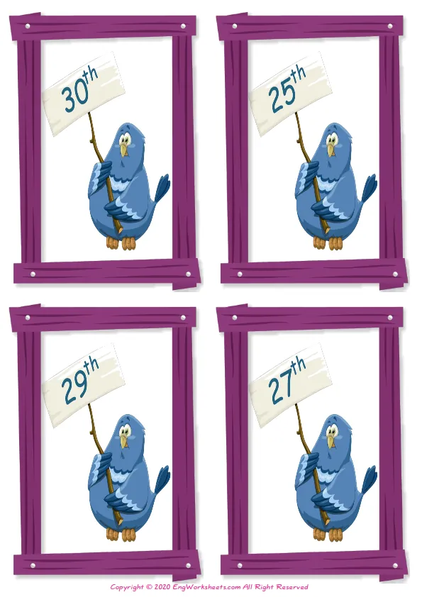 Wordless Ordinal Numbers vocabulary worksheet with four images per page Worksheet Preview