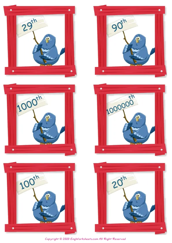 Wordless Ordinal Numbers vocabulary worksheet with six images per page Worksheet Preview