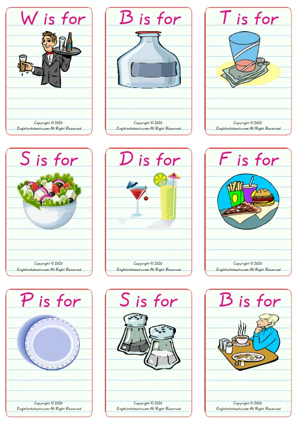 Wordless Restaurant vocabulary worksheet with nine images per page Worksheet Preview