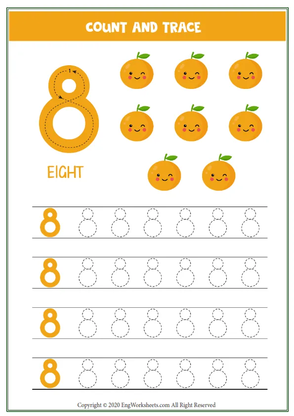 Worksheet Kids Eight En Cute Cartoon Orange Tracing Number 8 Worksheet Preview