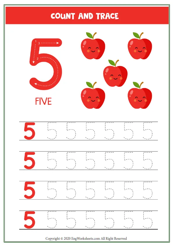 Worksheet Kids Five Cute Cartoon Apple Tracing Number 5 Worksheet Preview