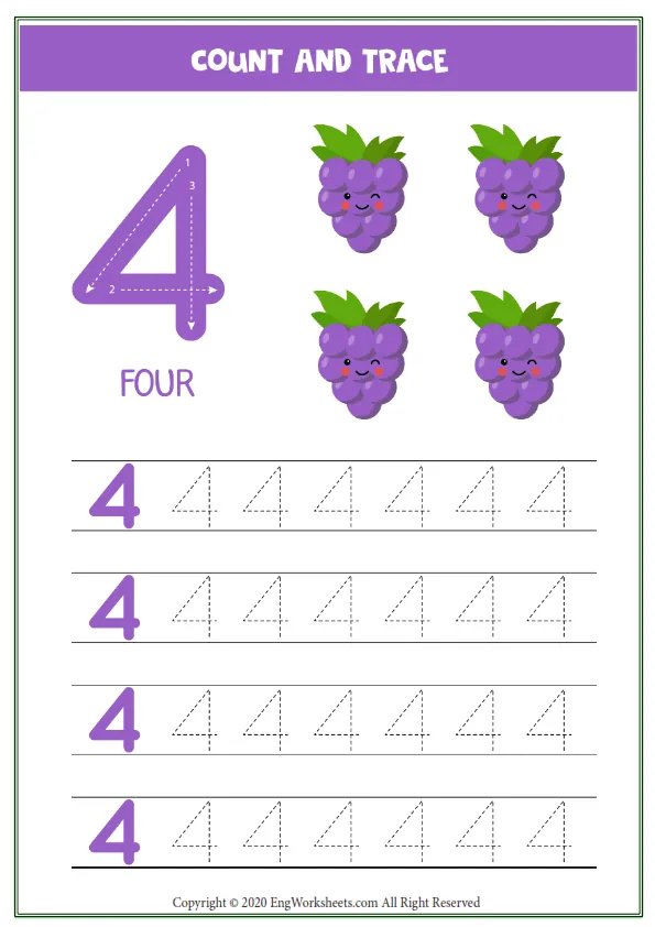 Worksheet Kids Four Cute Cartoon Grape Tracing Number 4 Worksheet Preview