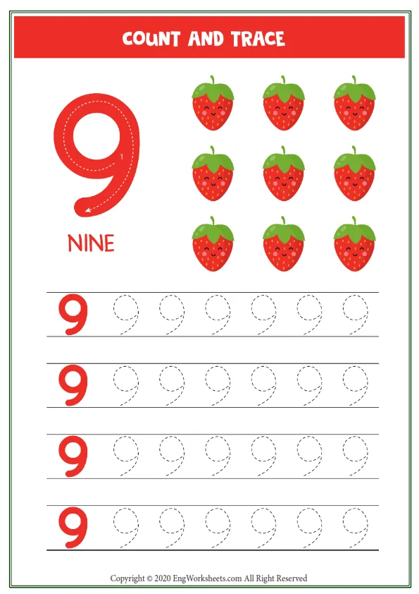 Worksheet Kids Nine Cute Cartoon Strawberry Tracing Number 9 Worksheet Preview