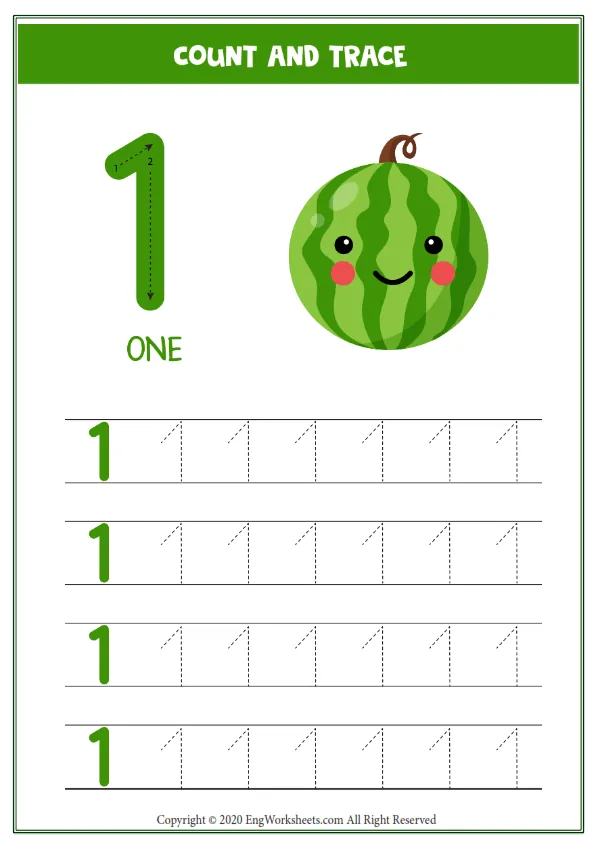 Worksheet Kids One Cute Cartoon Watermelon Tracing Number 1 Worksheet Preview