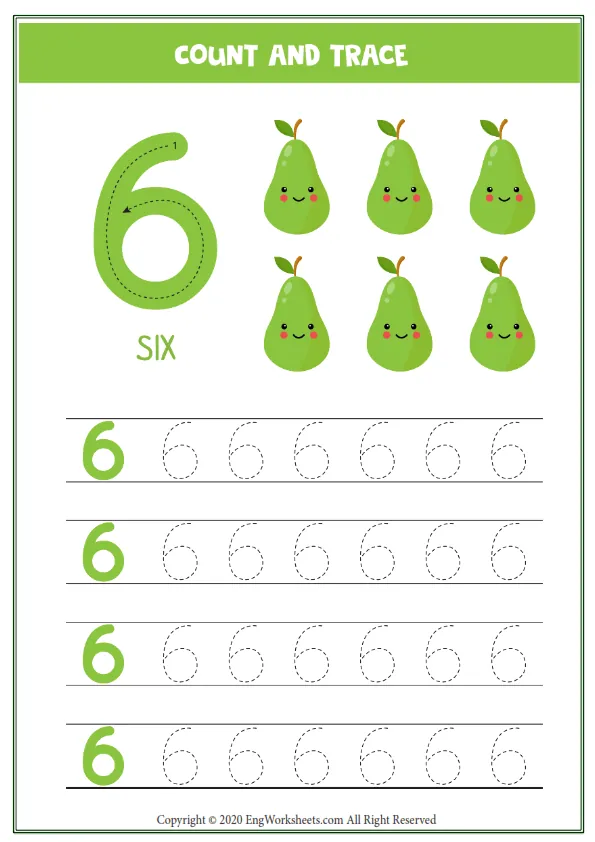 Worksheet Kids Sixcute Cartoon Pear Tracing Number 6 Worksheet Preview