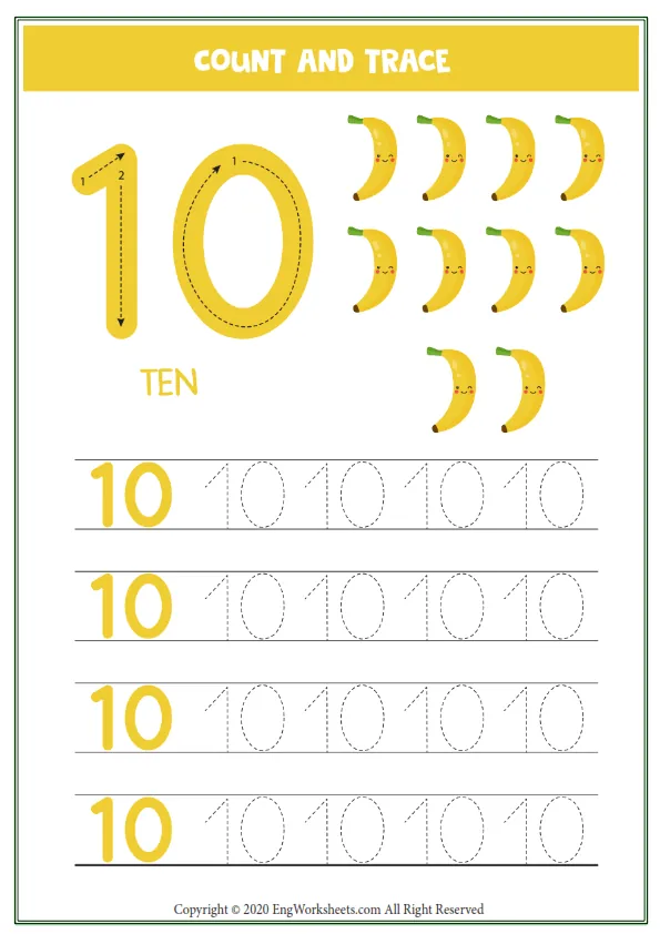 Worksheet Kids Ten Cute Cartoon Bananas Tracing Number 10 Worksheet Preview