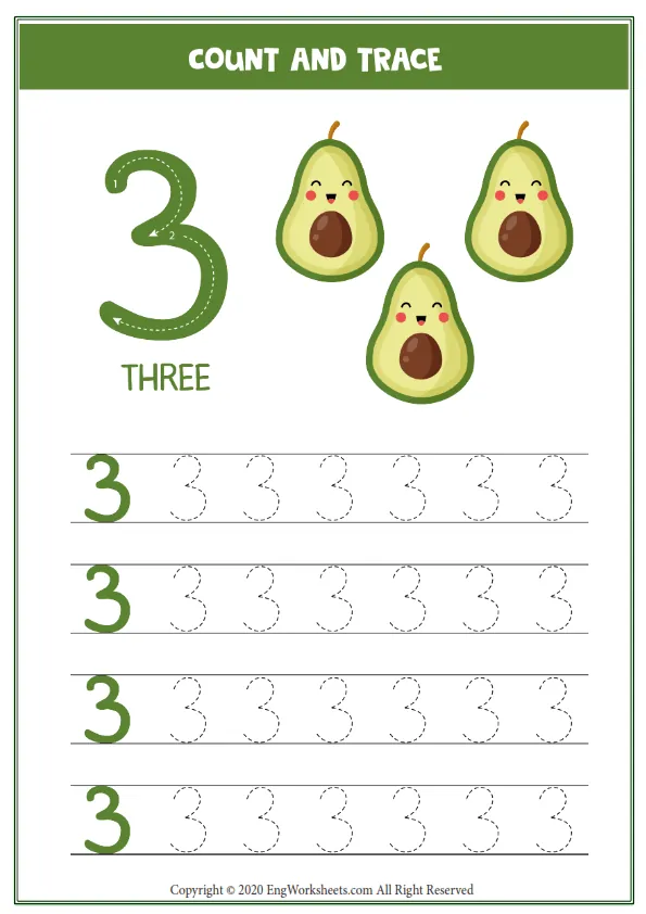 Worksheet Kids Three Cute Cartoon Avocado Tracing Number 3 Worksheet Preview