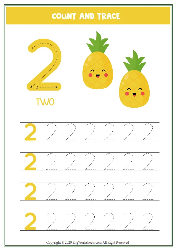Worksheet Kids Two Cute Cartoon Pineapple Tracing Number 2 Worksheet Preview