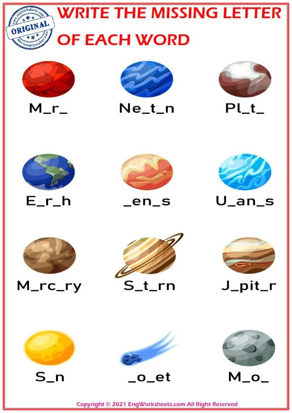 Write the missing letter. Worksheet for education. Fill in the missing letter. Mini-game for children. Worksheet Preview