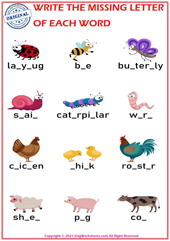 Write the missing letter. Worksheet for education. Fill in the missing letter. Mini-game for children. Worksheet Preview