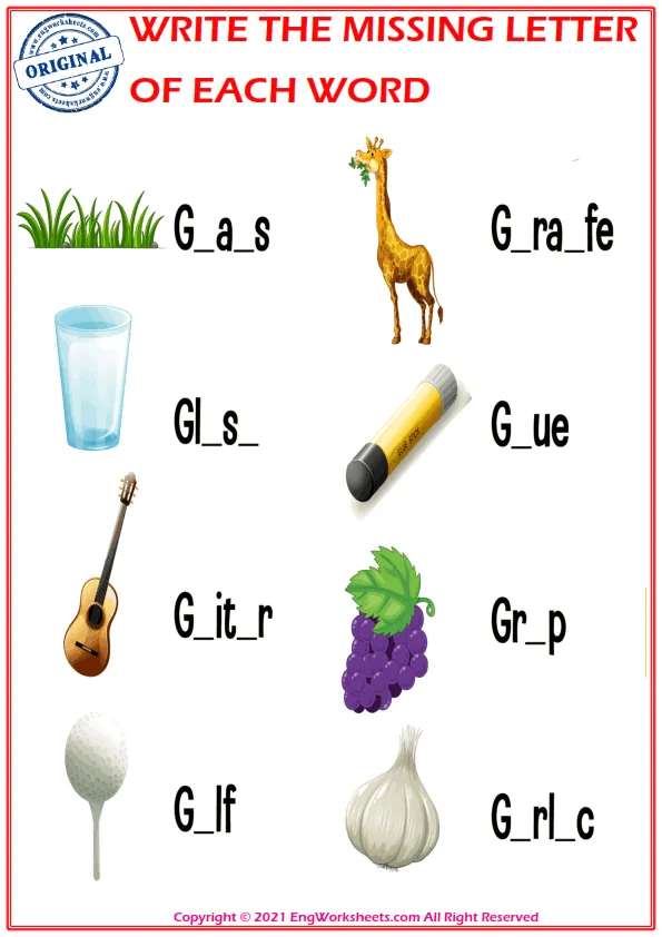 Write the missing letter. Worksheet for education. Fill in the missing letter. Mini-game for children. Worksheet Preview