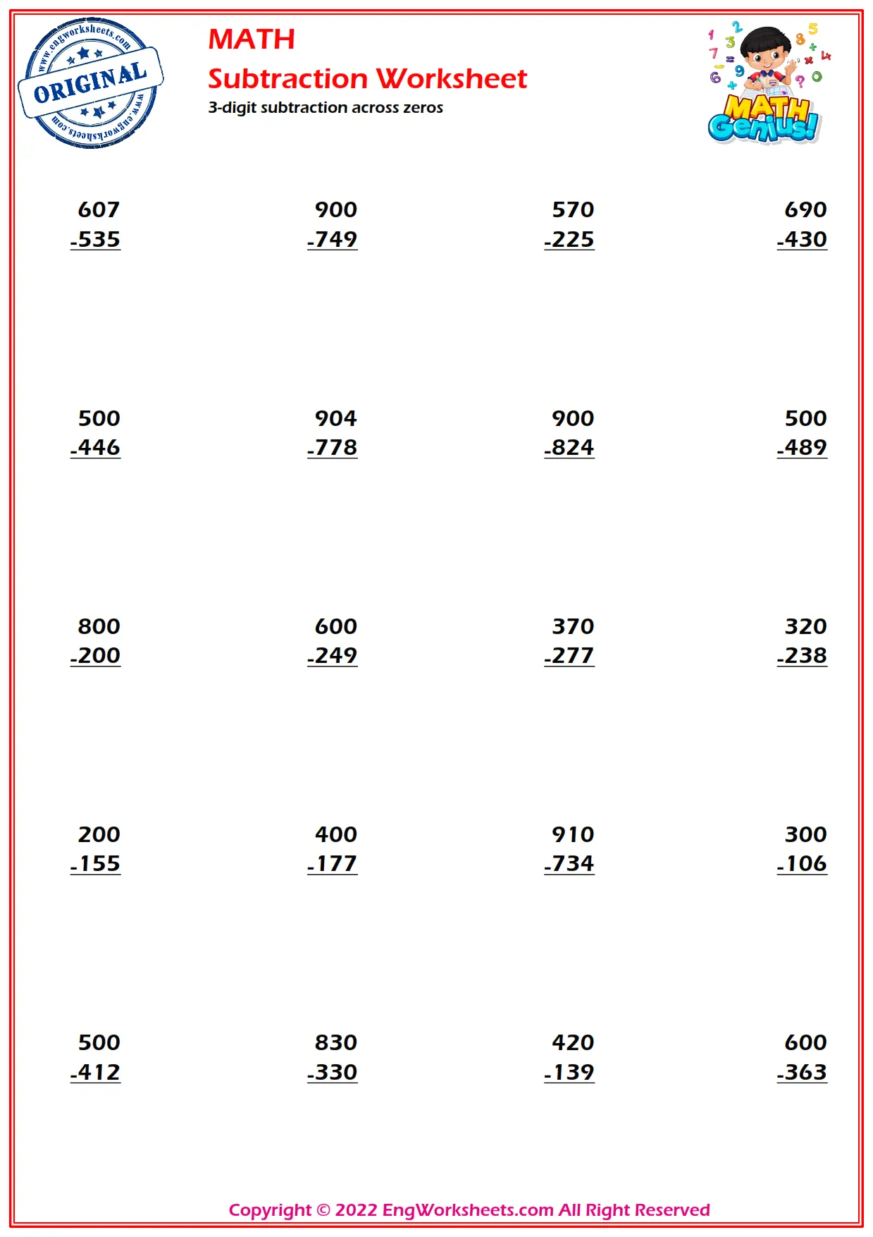 3-digit subtraction across zeros