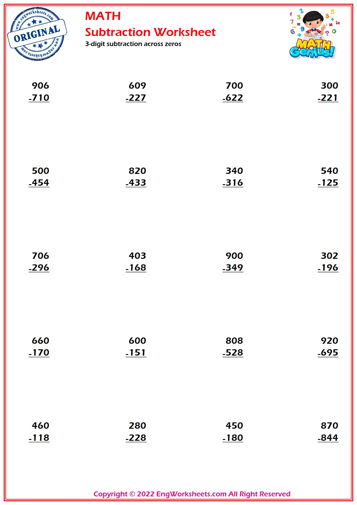 3-digit subtraction across zeros