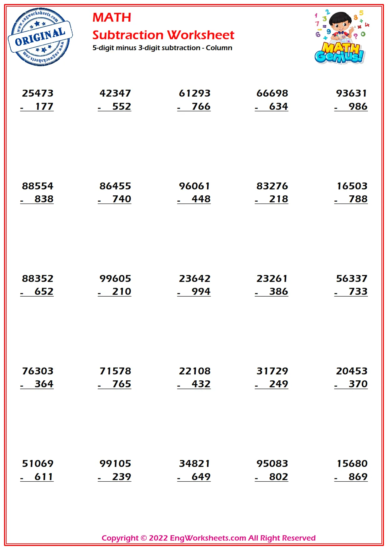 5-digit minus 3-digit subtraction - Column