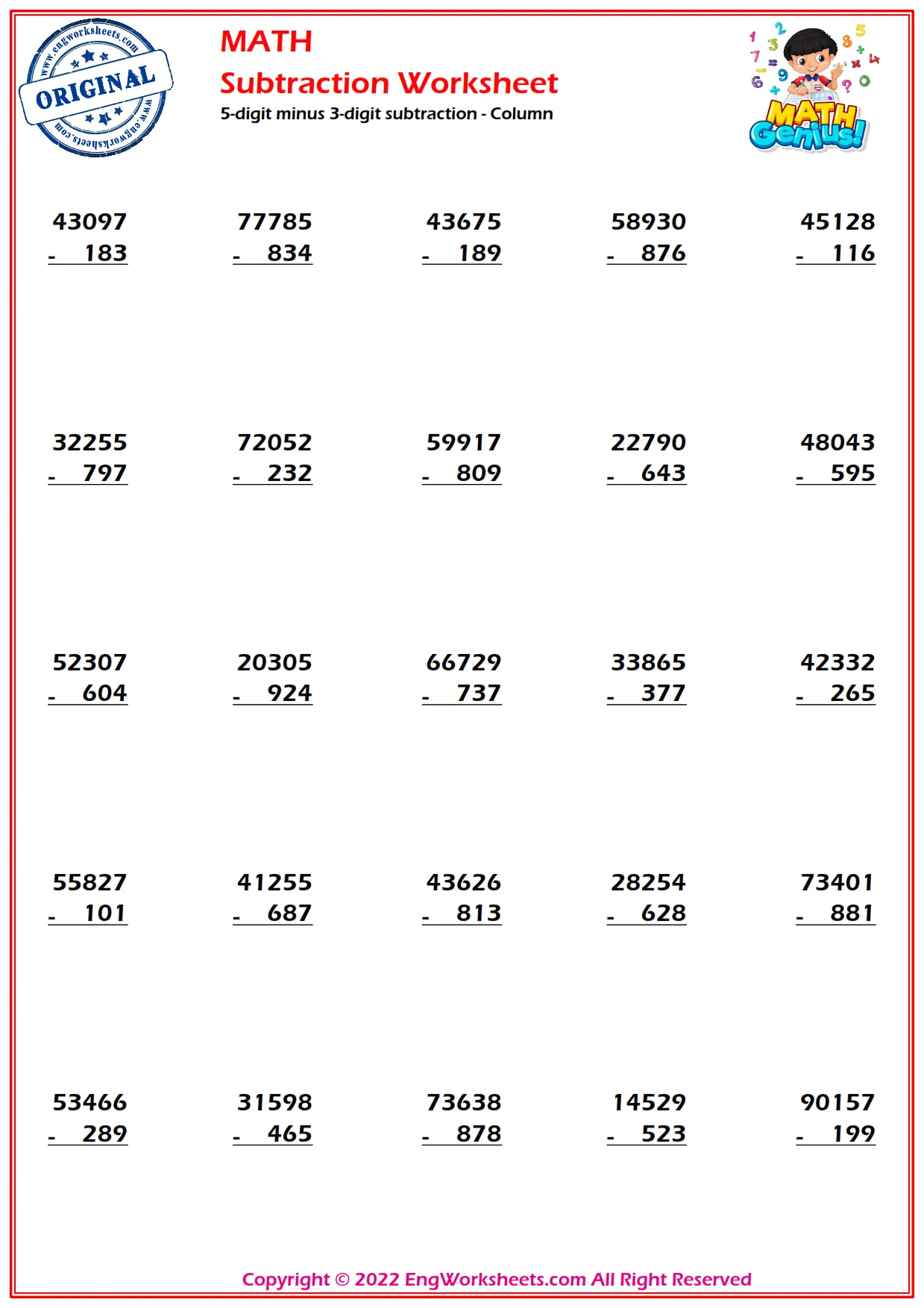 5-digit minus 3-digit subtraction - Column
