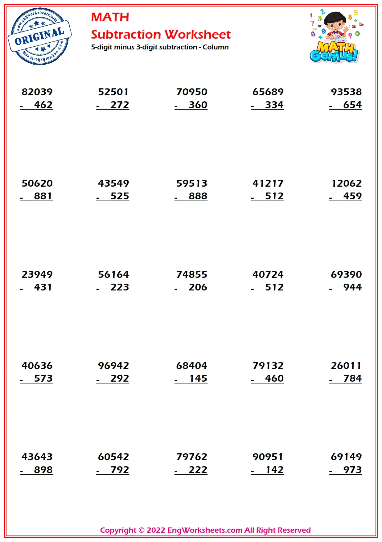 5-digit minus 3-digit subtraction - Column