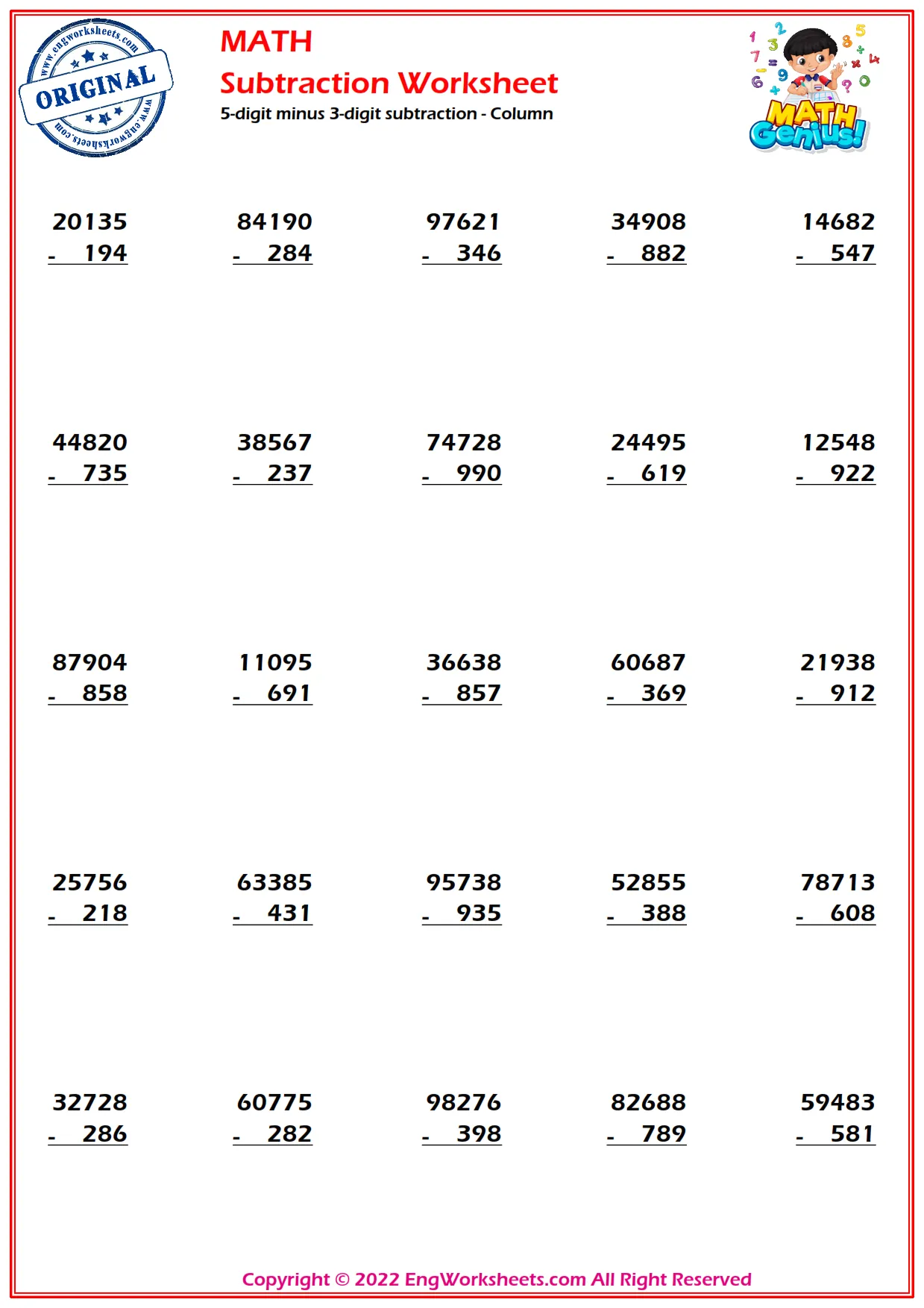 5-digit minus 3-digit subtraction - Column