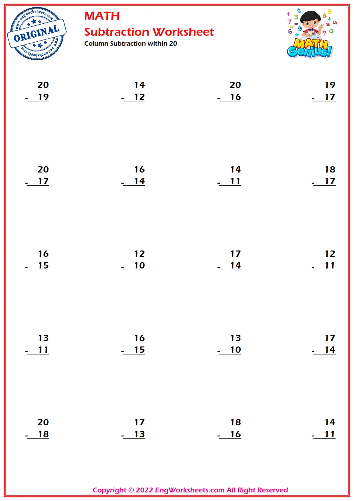Column Subtraction within 20