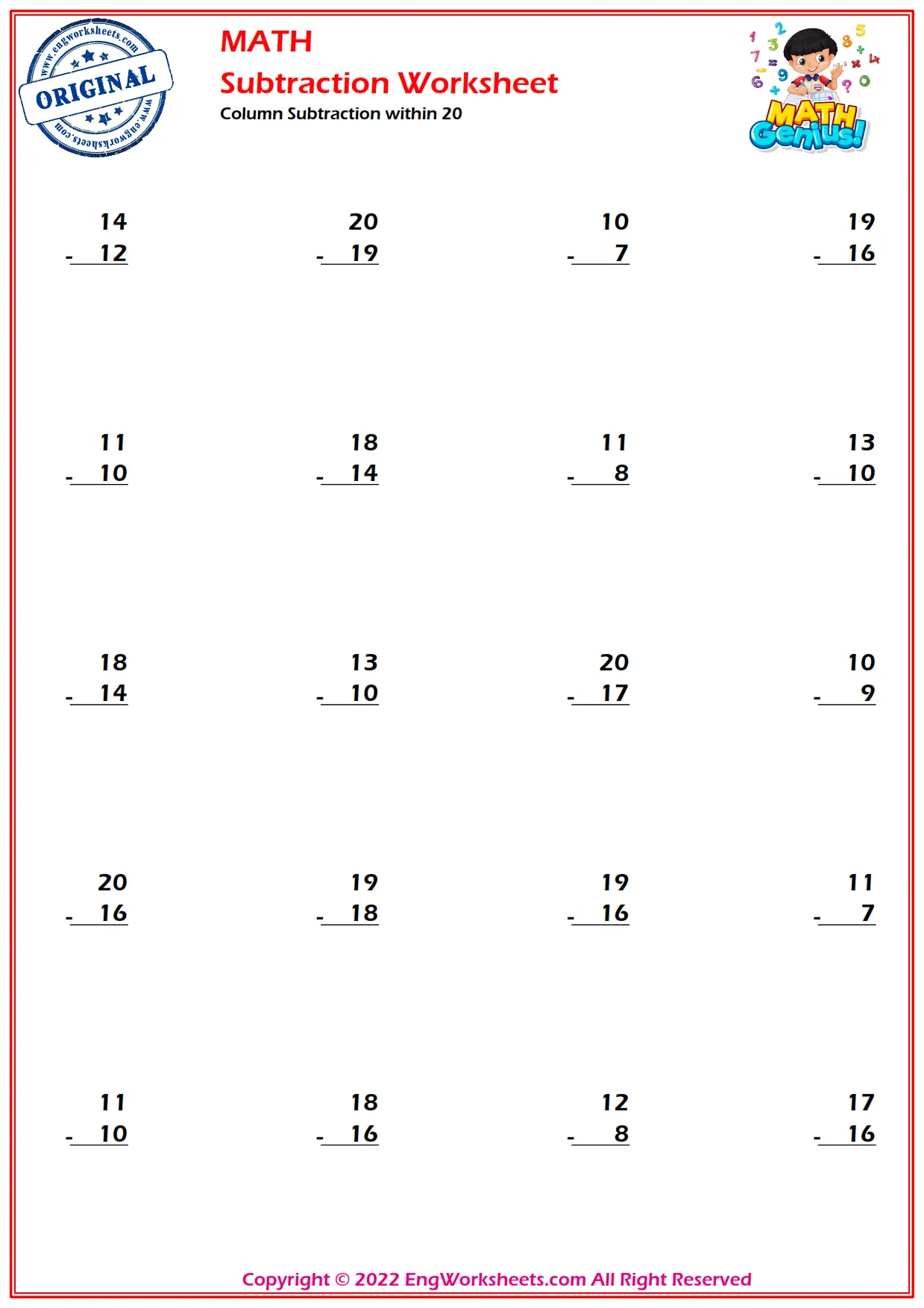 Column Subtraction within 20 - Standard