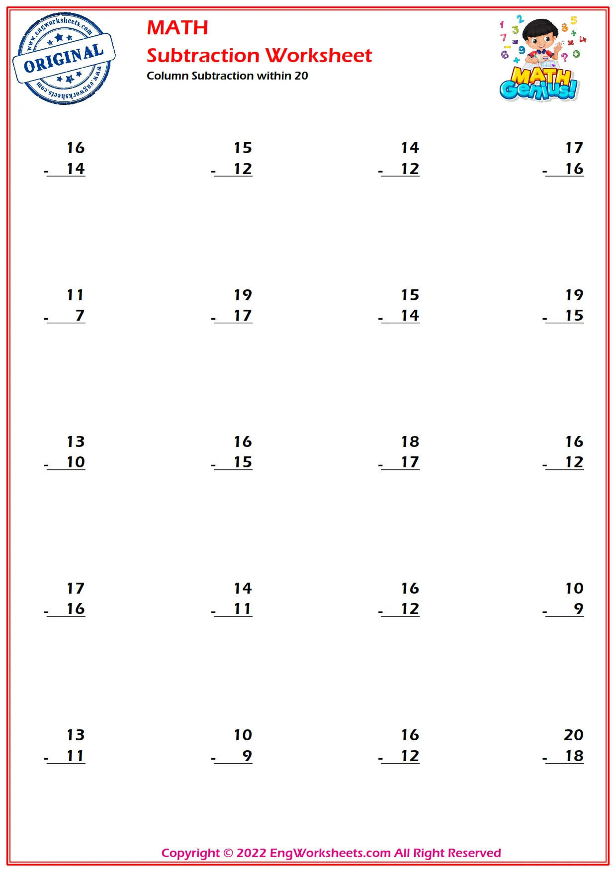 Column Subtraction within 20
